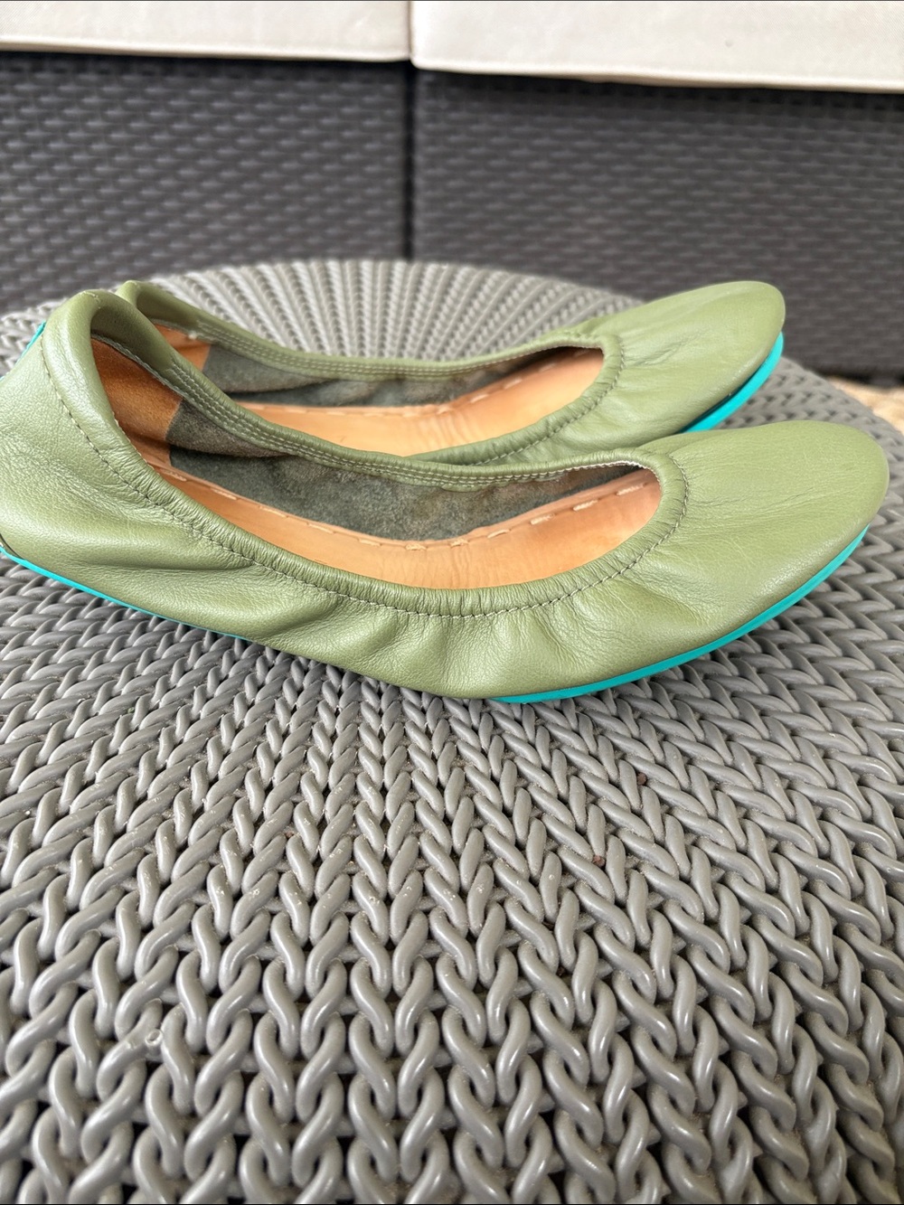 Tieks Olive Green Leather Ballet Flats with Turquoise Soles - Picture 5 of 6